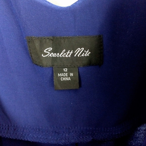 Scarlett Nite Dark Blue Fit-&-Flare Deep V-neck Dress w/ Embellished Ribbon Belt - Picture 6 of 8